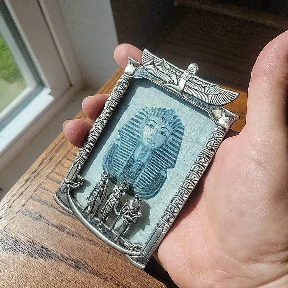 Vtg Egyptian Art Deco miniature photo frame Gods Hieroglyphs Silver 2.5x3.5